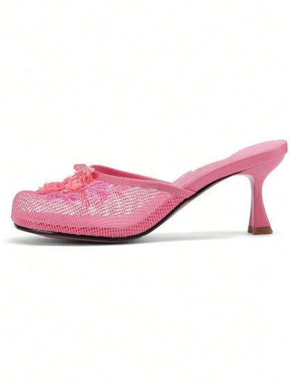 Women’s Floral Sequin Mesh Mule Sandals, Round Toe Mid‑Heel Slip‑On Slides