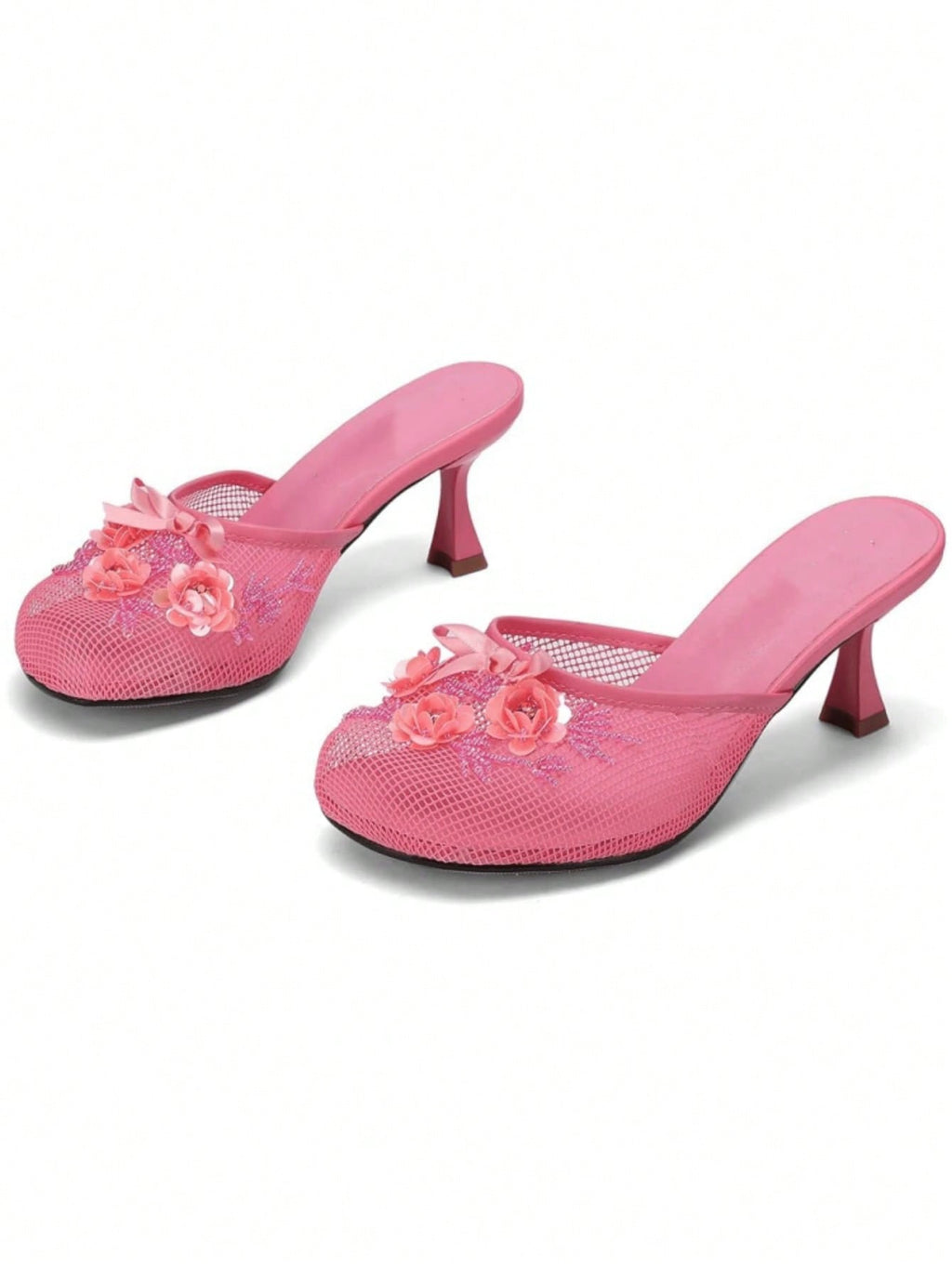 Women's Mesh Mule Slip On Sandals With Floral Sequin Embellishments Round Toe Middle Heel Slides Slippers