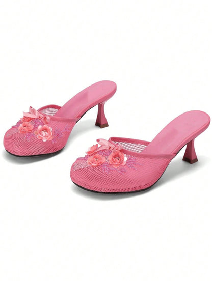 Women’s Floral Sequin Mesh Mule Sandals, Round Toe Mid‑Heel Slip‑On Slides