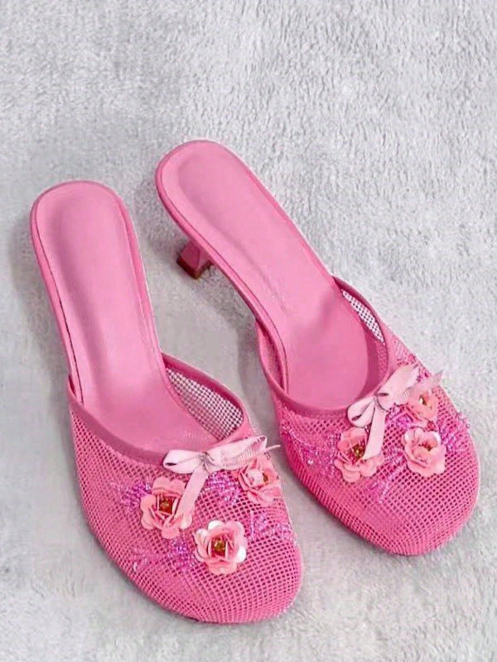 Women's Mesh Mule Slip On Sandals With Floral Sequin Embellishments Round Toe Middle Heel Slides Slippers