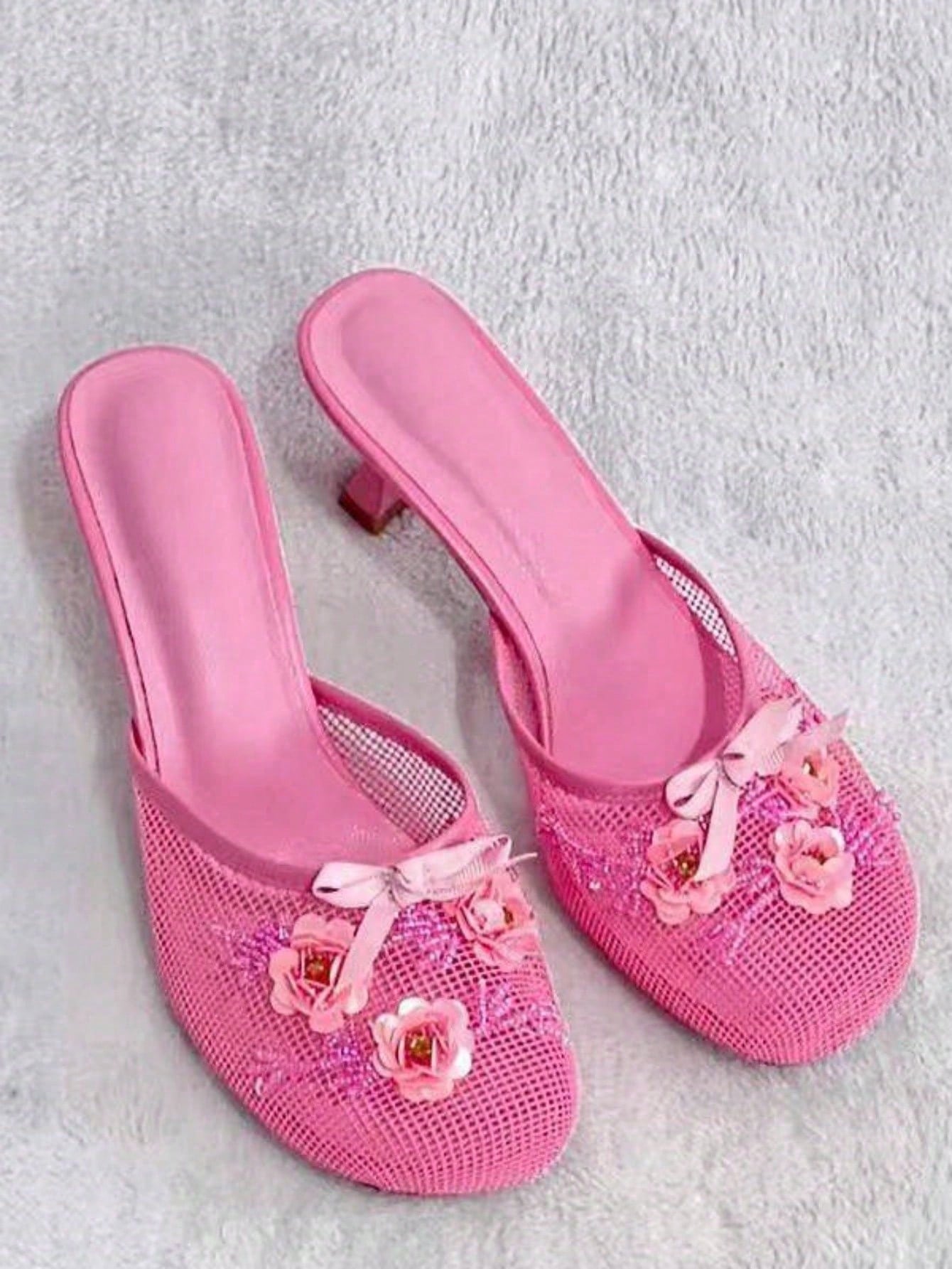 Women's Mesh Mule Slip On Sandals With Floral Sequin Embellishments Round Toe Middle Heel Slides Slippers