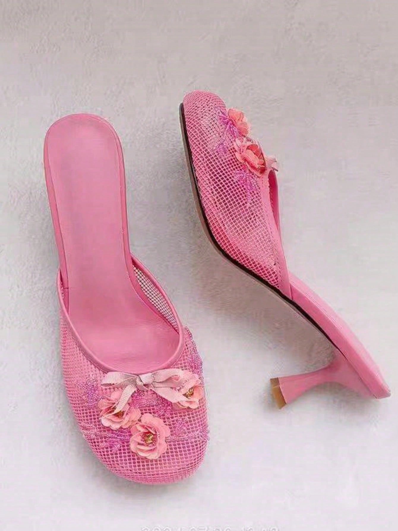 Women's Mesh Mule Slip On Sandals With Floral Sequin Embellishments Round Toe Middle Heel Slides Slippers