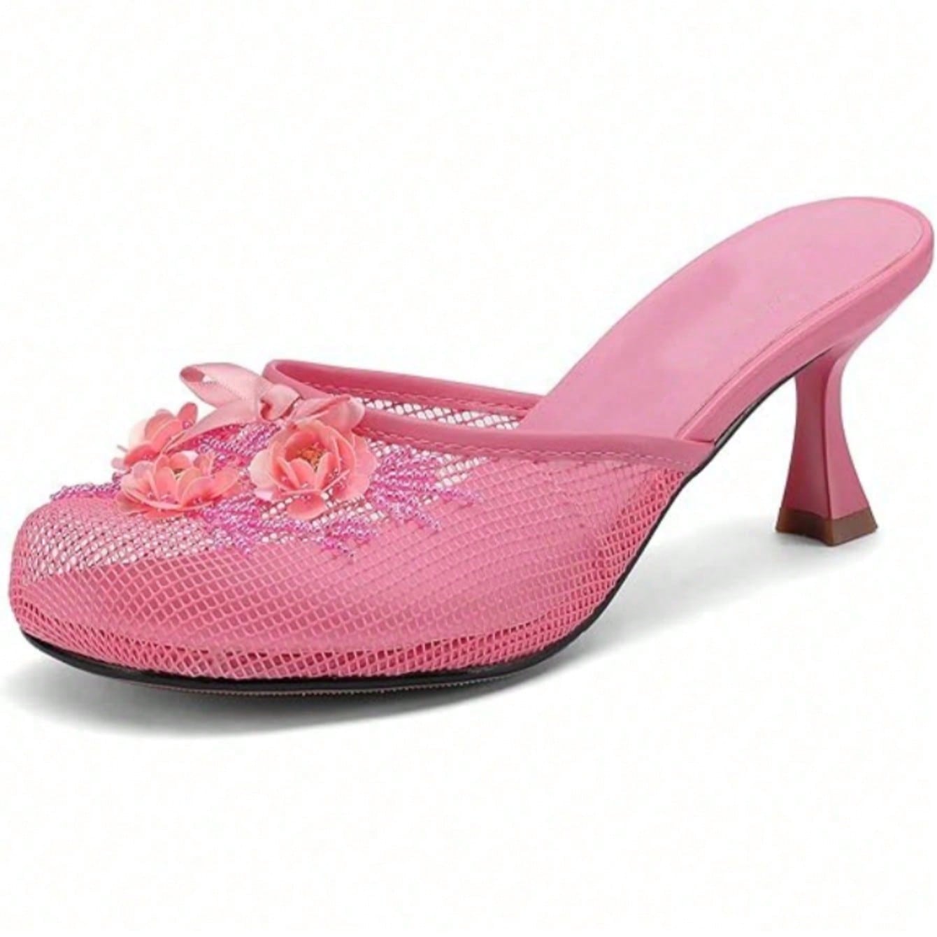 Women's Mesh Mule Slip On Sandals With Floral Sequin Embellishments Round Toe Middle Heel Slides Slippers