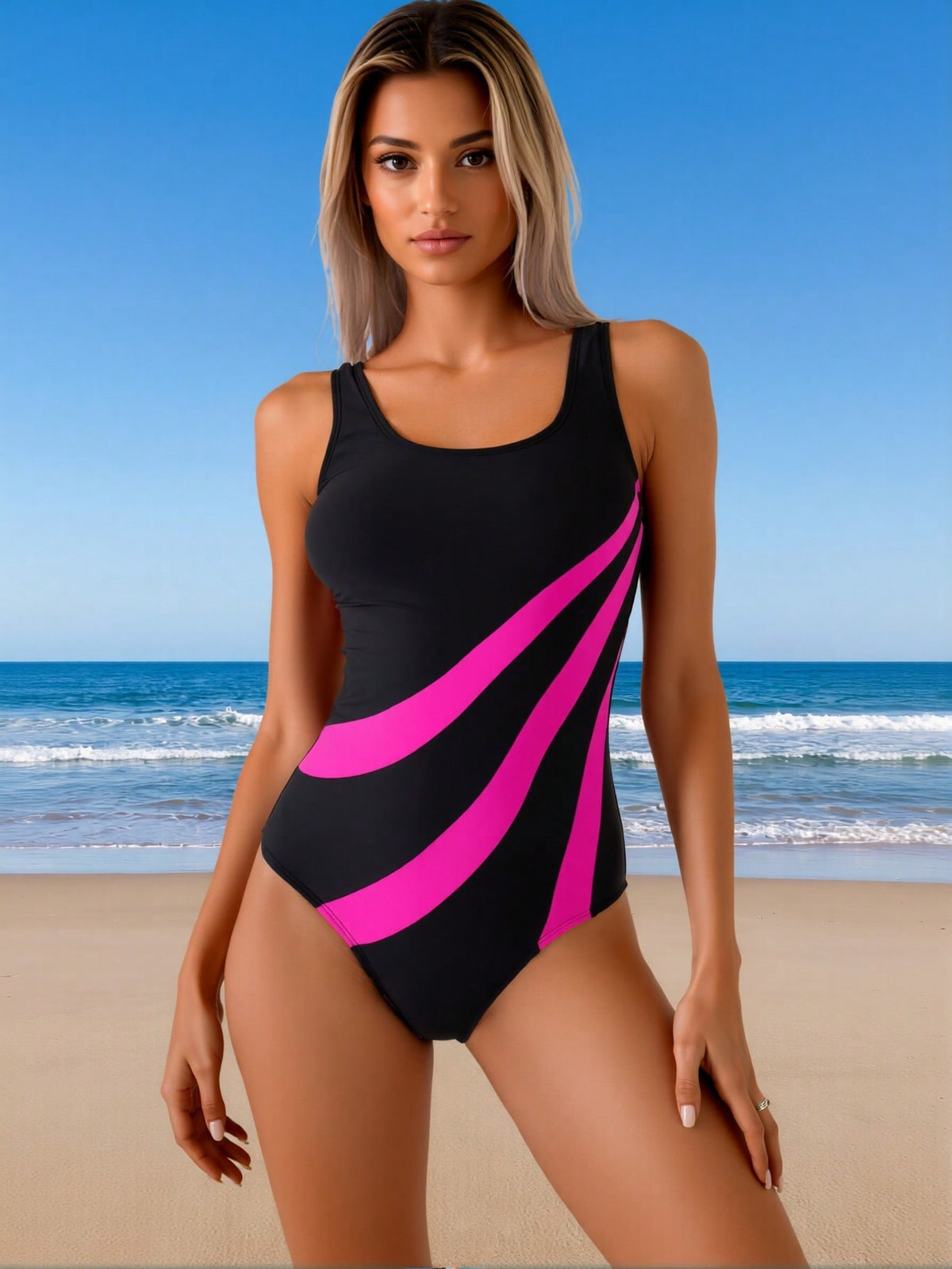 New Sporty One-Piece Swimsuit Women's Black & Pink Color Block Stripe Sleeveless Bathing Suit for Beach Vacation, Tummy Control & Flattering