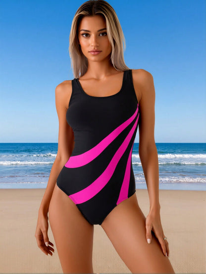 New Sporty One-Piece Swimsuit Women's Black & Pink Color Block Stripe Sleeveless Bathing Suit for Beach Vacation, Tummy Control & Flattering