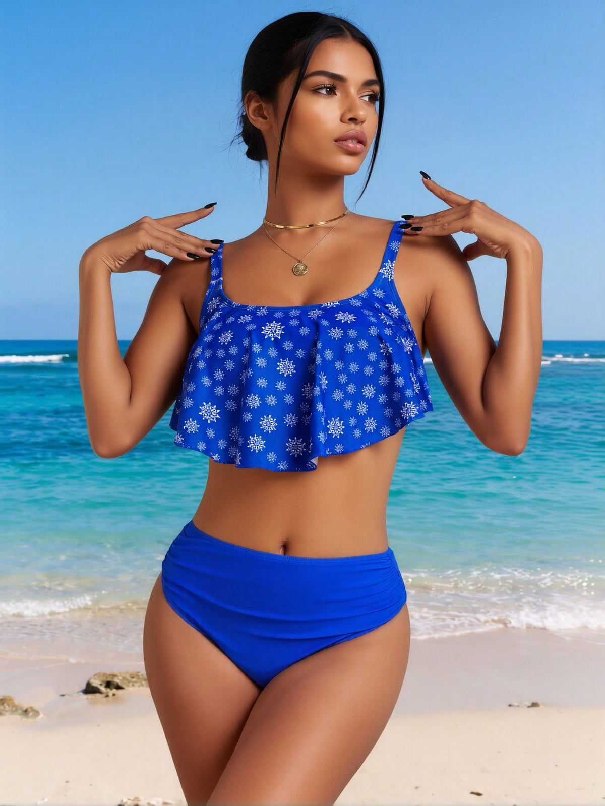 Royal Blue Snowflake Ruffle Tankini Set