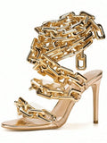 Women's Ankle Leg Lace Up Gold Link Chain Clear PVC Strappy Stiletto Round Toe High Heeled Sandals Party Wedding PVC Glass Wedding