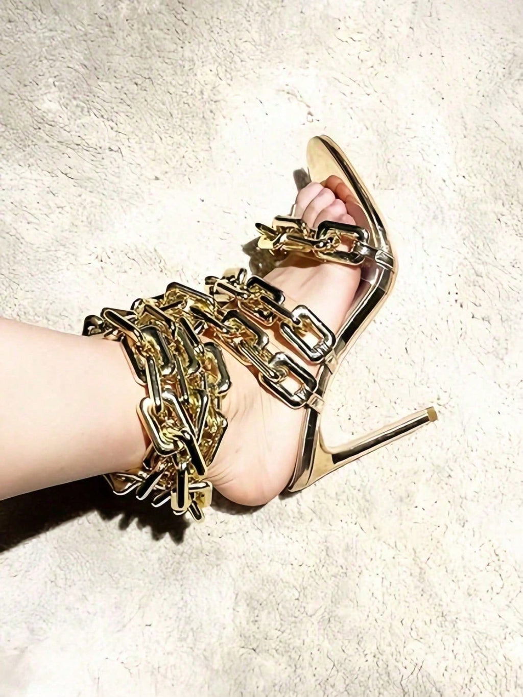 Women's Ankle Leg Lace Up Gold Link Chain Clear PVC Strappy Stiletto Round Toe High Heeled Sandals Party Wedding PVC Glass Wedding