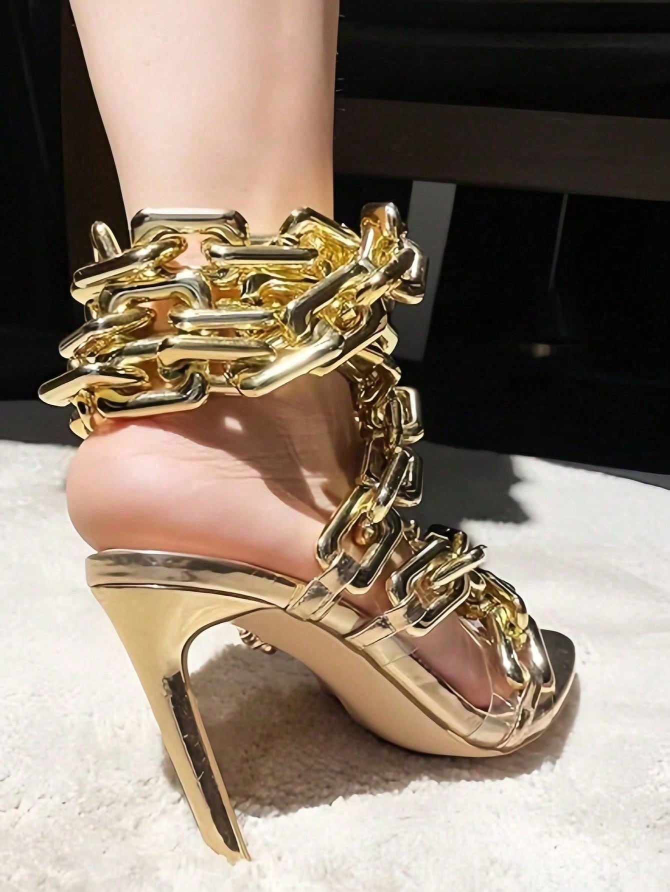 Women's Ankle Leg Lace Up Gold Link Chain Clear PVC Strappy Stiletto Round Toe High Heeled Sandals Party Wedding PVC Glass Wedding