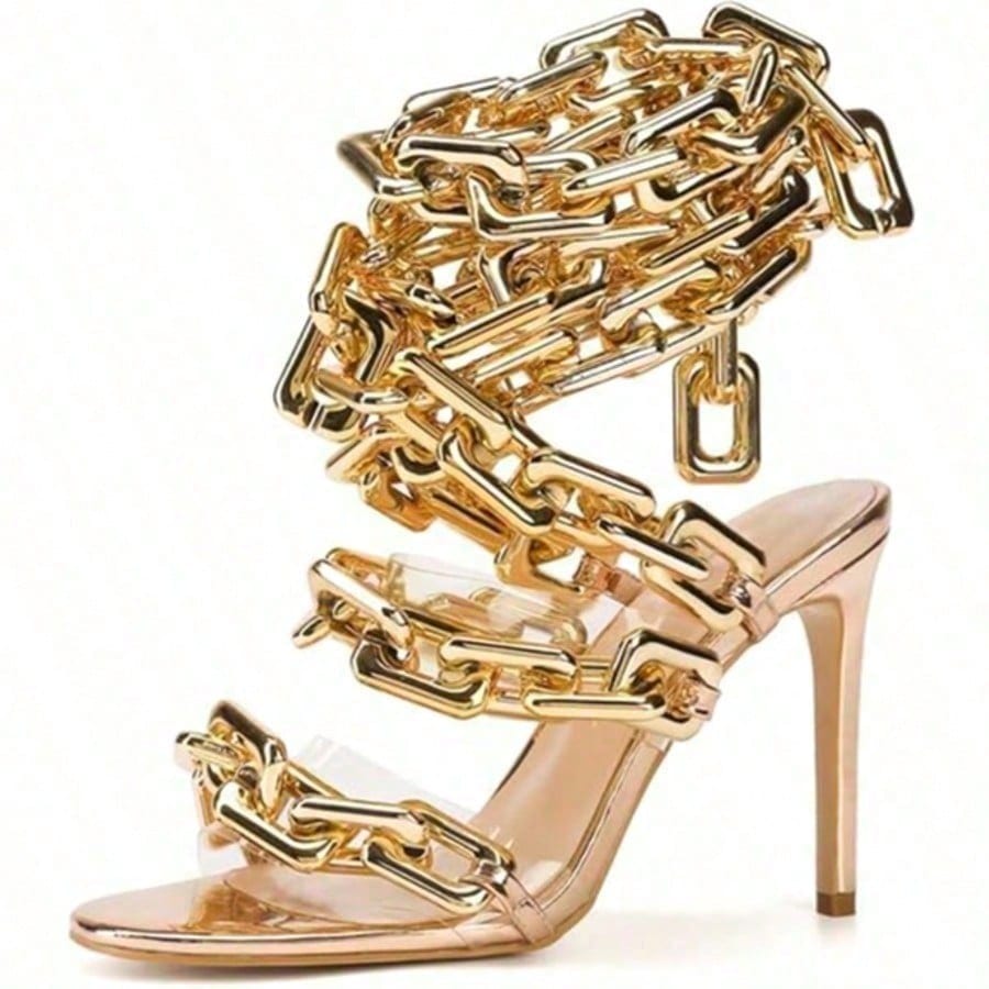 Women's Ankle Leg Lace Up Gold Link Chain Clear PVC Strappy Stiletto Round Toe High Heeled Sandals Party Wedding PVC Glass Wedding