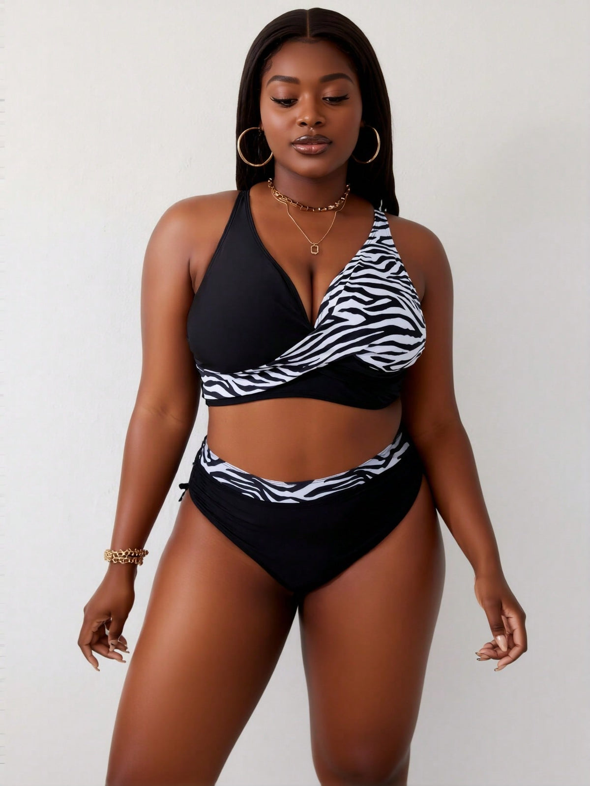 Plus Size Zebra Print Wrap-Front High-Waisted Bikini Set