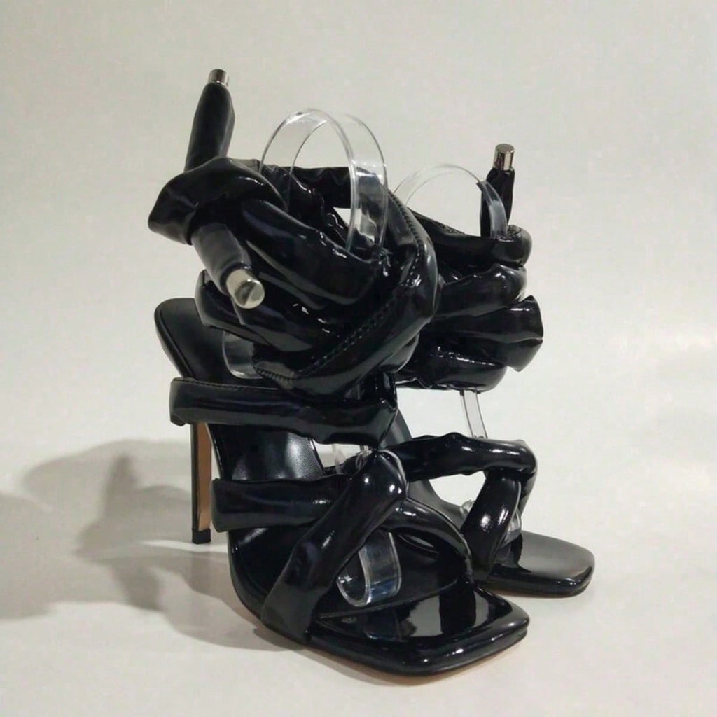 Women Square Toe High Heel Sandals Cross Strap Ankle Wrap Fashion Show Large Size Roman Shoes
