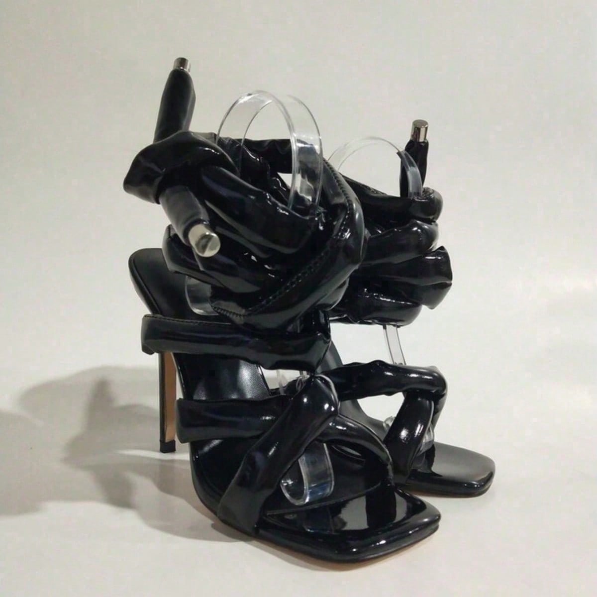Women Square Toe High Heel Sandals Cross Strap Ankle Wrap Fashion Show Large Size Roman Shoes