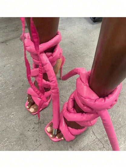 Women Square Toe Ankle Wrap High Heel Sandals | Cross Strap Roman Party Heels, Large Size