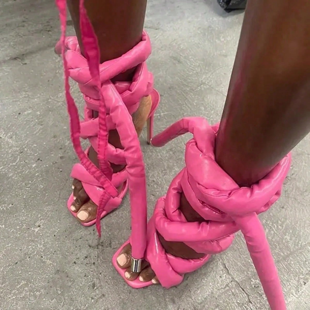 Women Square Toe High Heel Sandals Cross Strap Ankle Wrap Fashion Show Large Size Roman Shoes