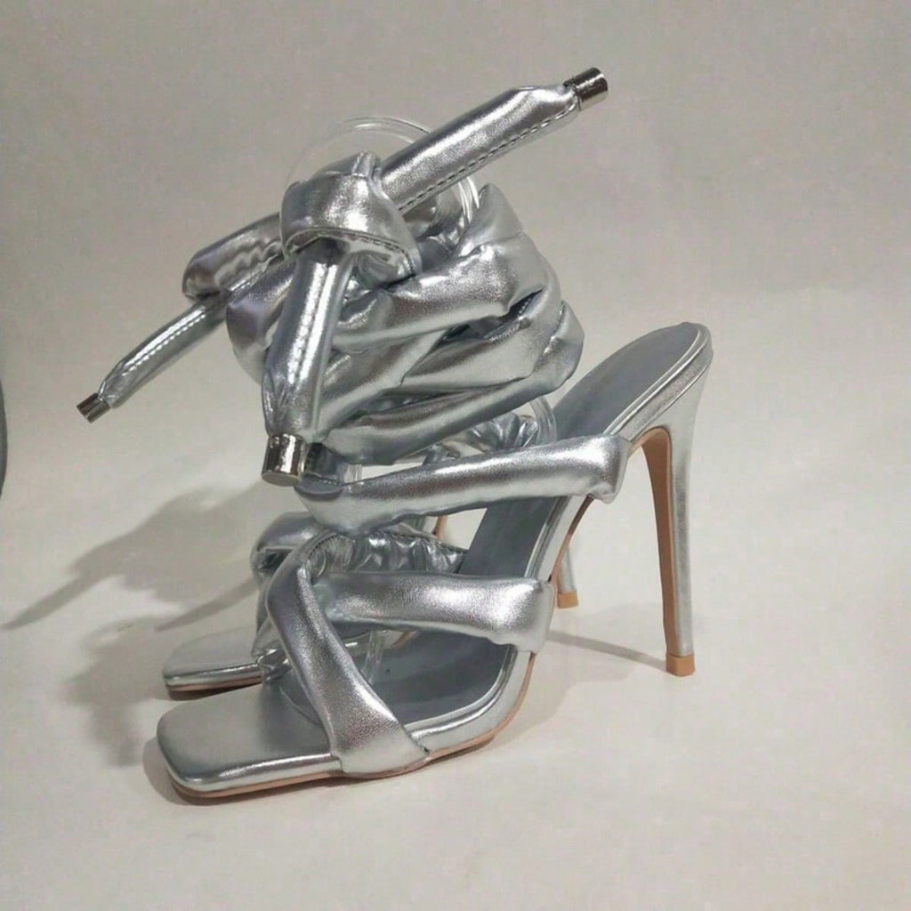 Women Square Toe High Heel Sandals Cross Strap Ankle Wrap Fashion Show Large Size Roman Shoes