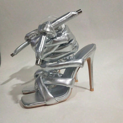 Women Square Toe Ankle Wrap High Heel Sandals | Cross Strap Roman Party Heels, Large Size