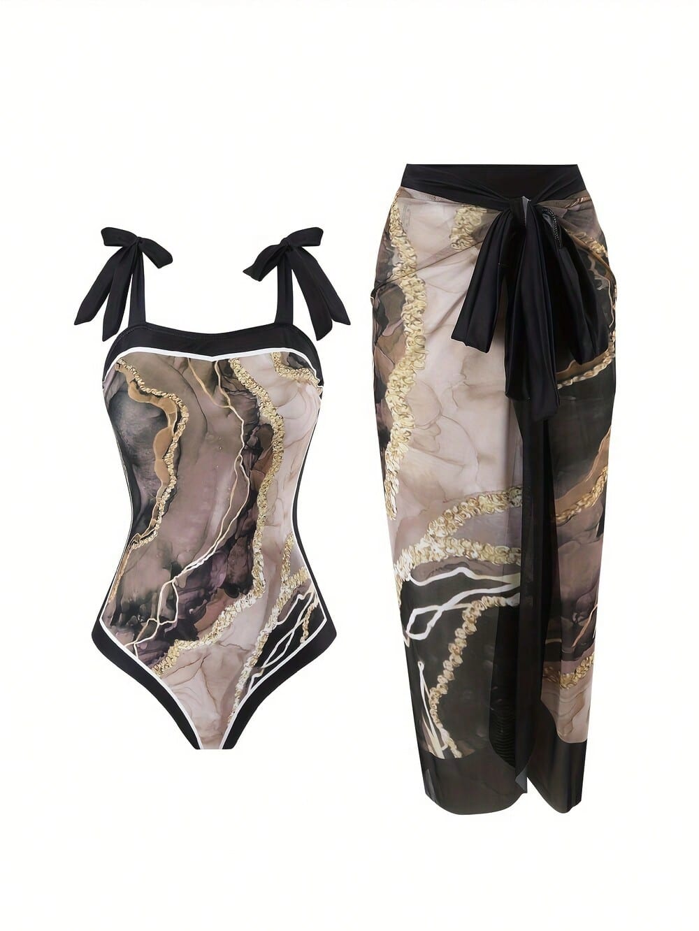 Black & Purple Marble Print Tie Strap One-Piece Swimsuit With Matching Sarong Cover Up