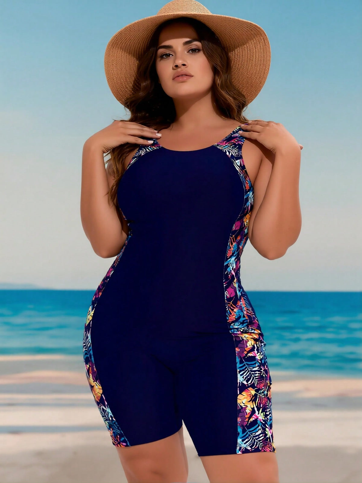 Plus Size Navy Tropical Panel Boyleg One-Piece Swimsuit