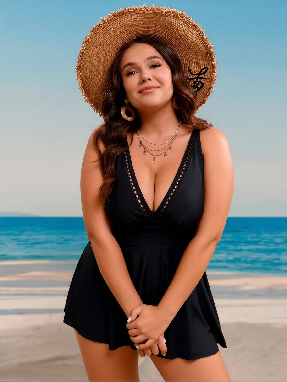 Plus Size Black V-Neck Lace-Trim Swimdress