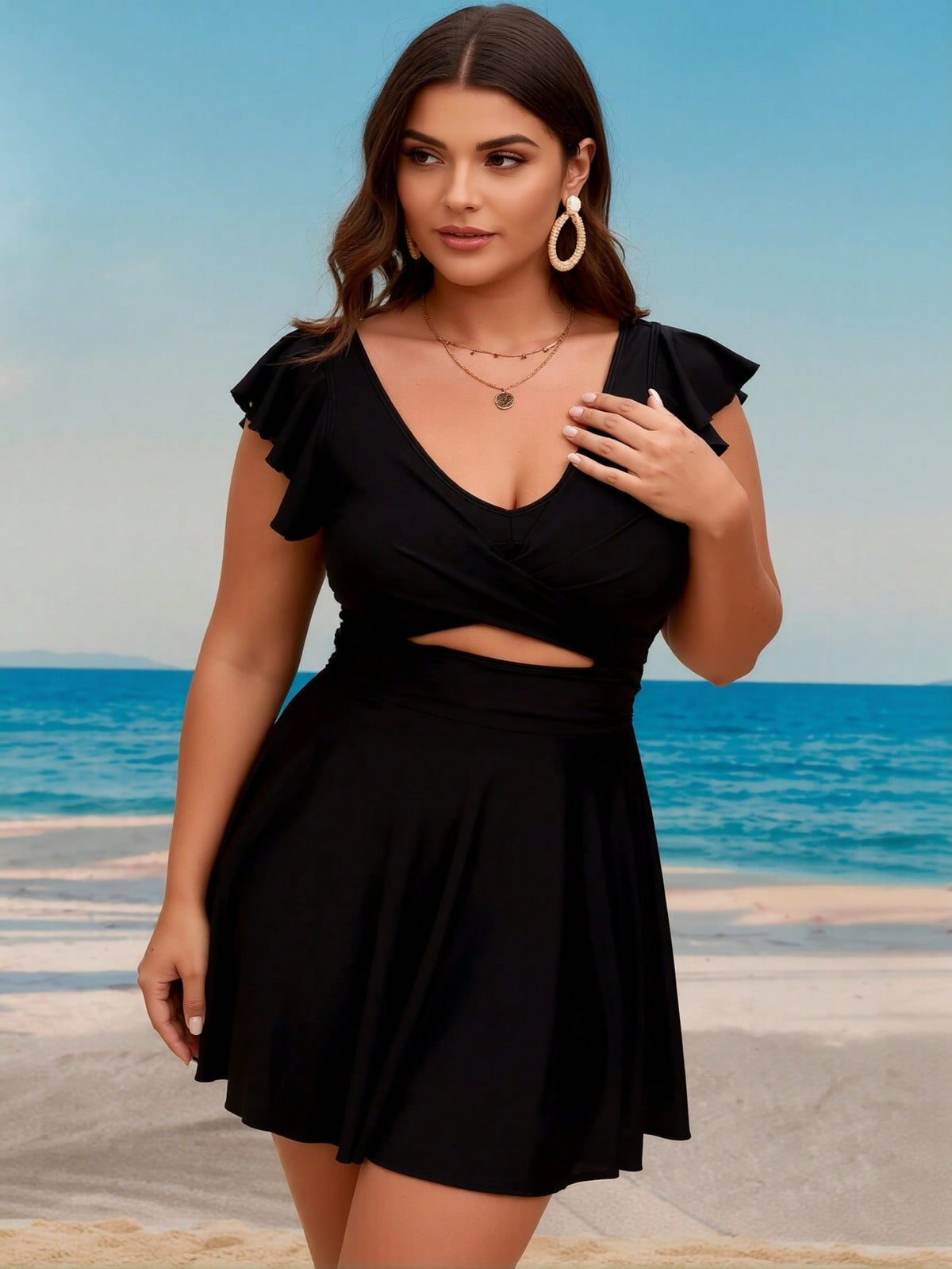New Plus Size Black Swim Dress - Ruffle Sleeve V Neck Cutout Waist Beach Swimwear