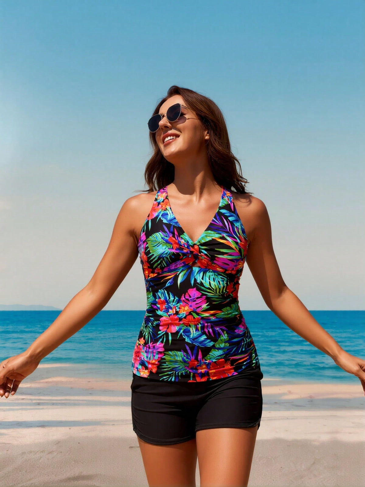 Black Twist-Front Racerback Tankini with Boyshorts