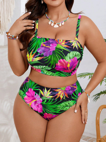 New Plus Size Tropical Floral Bikini Set - Convertible Bandeau Top With Matching Bottoms