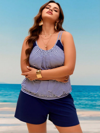 New Summer Nautical Tankini Set - Ladies Double Stripe Shoulder Ruched Flowy Top & Shorts