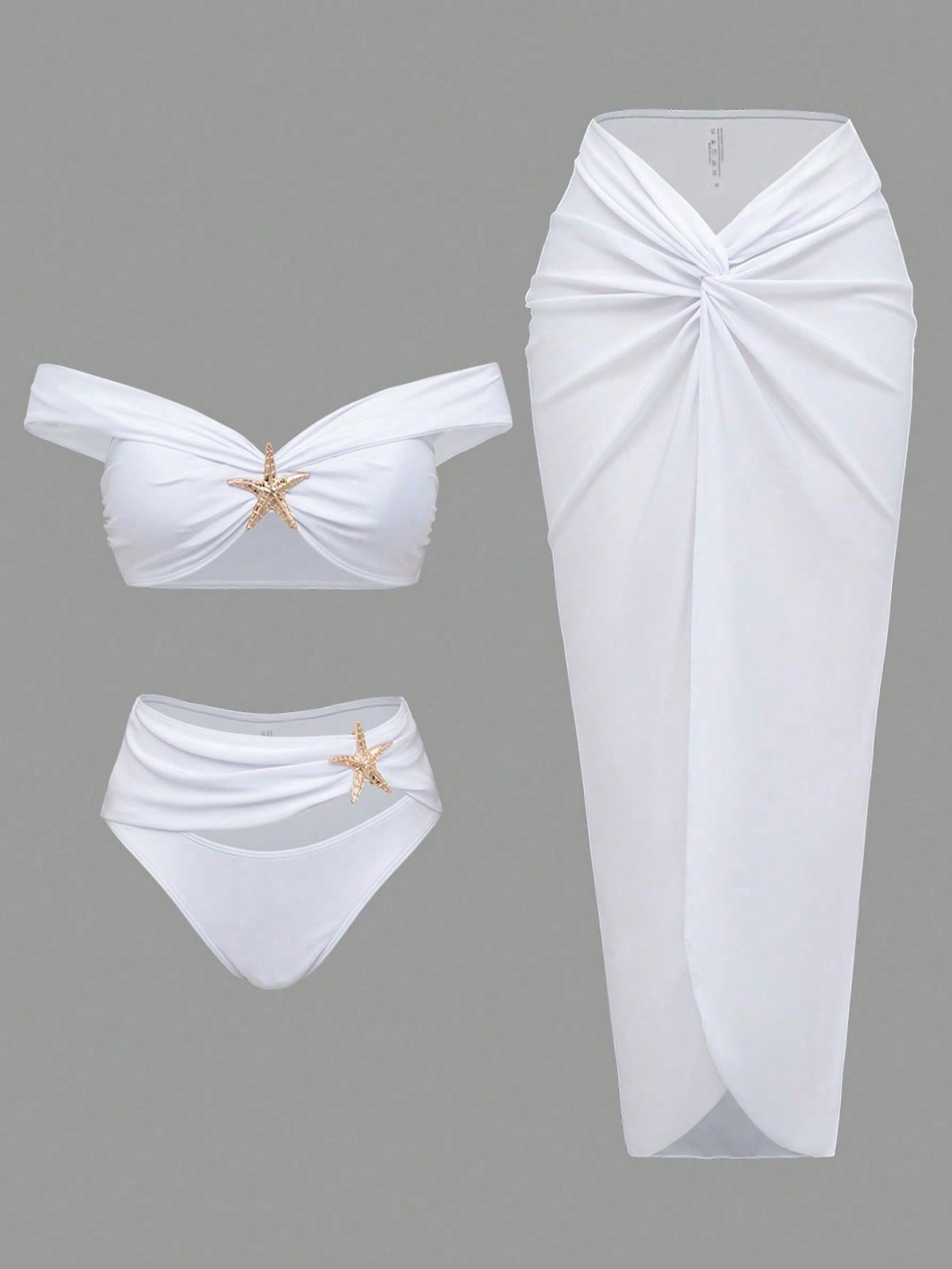 White Off Shoulder Starfish Decor Bikini Set With Twist Front Cover Up Skirt