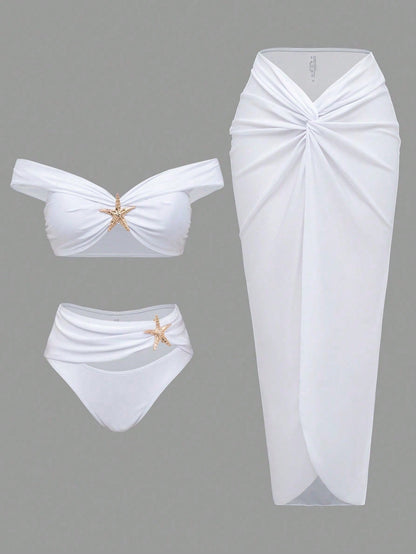 White Off Shoulder Starfish Decor Bikini Set With Twist Front Cover Up Skirt