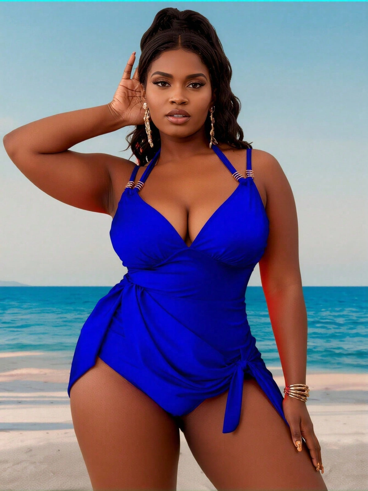 New Solid Halter One-Piece Swimsuit, Deep V Push-Up & Side Strap, Modest Tummy-Hiding Slimming Swimwear