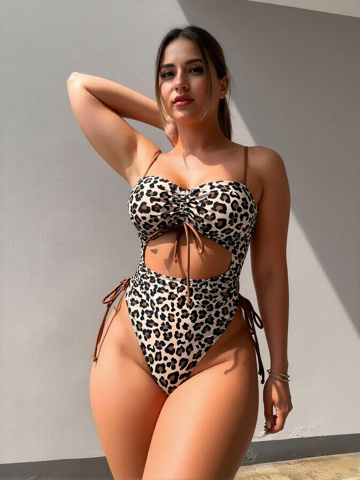 Leopard Print Cutout Drawstring One-Piece Swimsuit