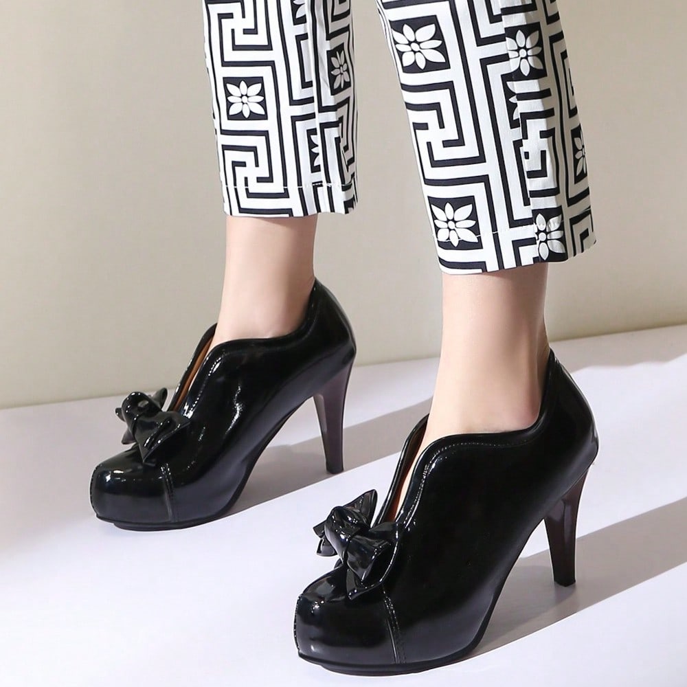 Fashion Classic Platform Pumps For Women With Bowties Sexy High Heeled Slip On Shoes