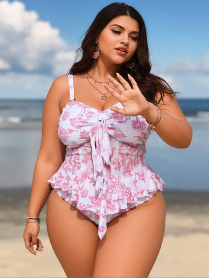 New Plus Size Floral Tankini Swimsuit for Women, Ruffled Tummy Control Two Piece Bathing Suit for Beach Vacation