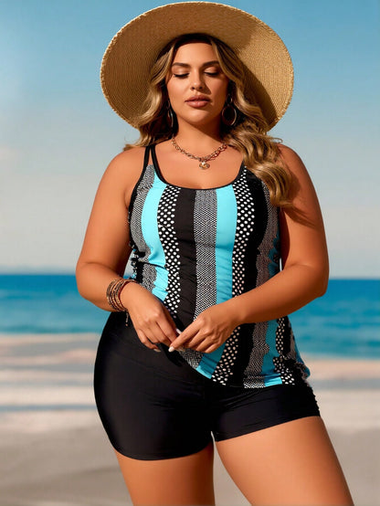 Plus Size Turquoise Polka Dot Stripe Tankini Swimsuits For Women