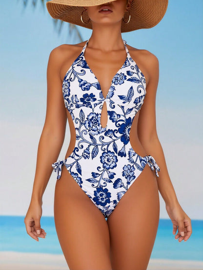 New Porcelain Print Cutout One Piece Swimsuit for Women, Halter Waist Cutout Side Tie Sexy Beach Swimwear