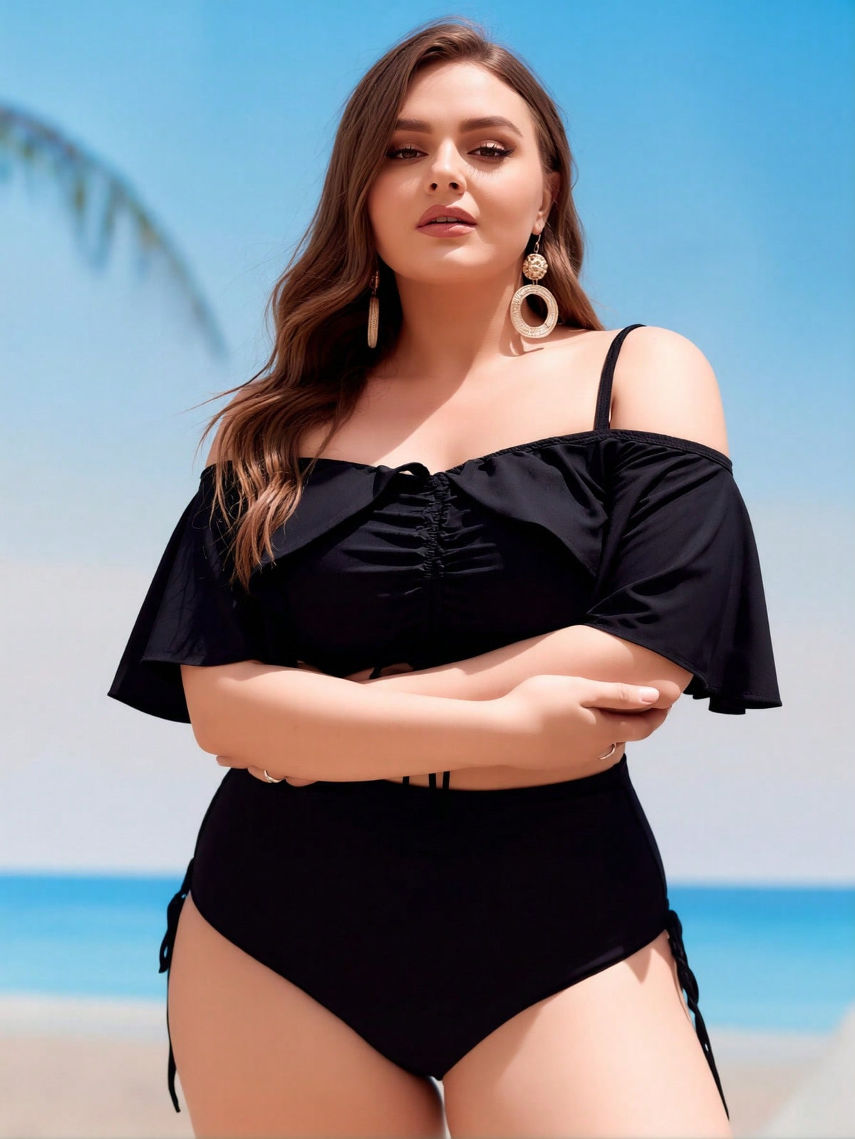 New Plus Size Black Off Shoulder Bikini, High Waist Drawstring Tummy Control Two Piece Swimsuit