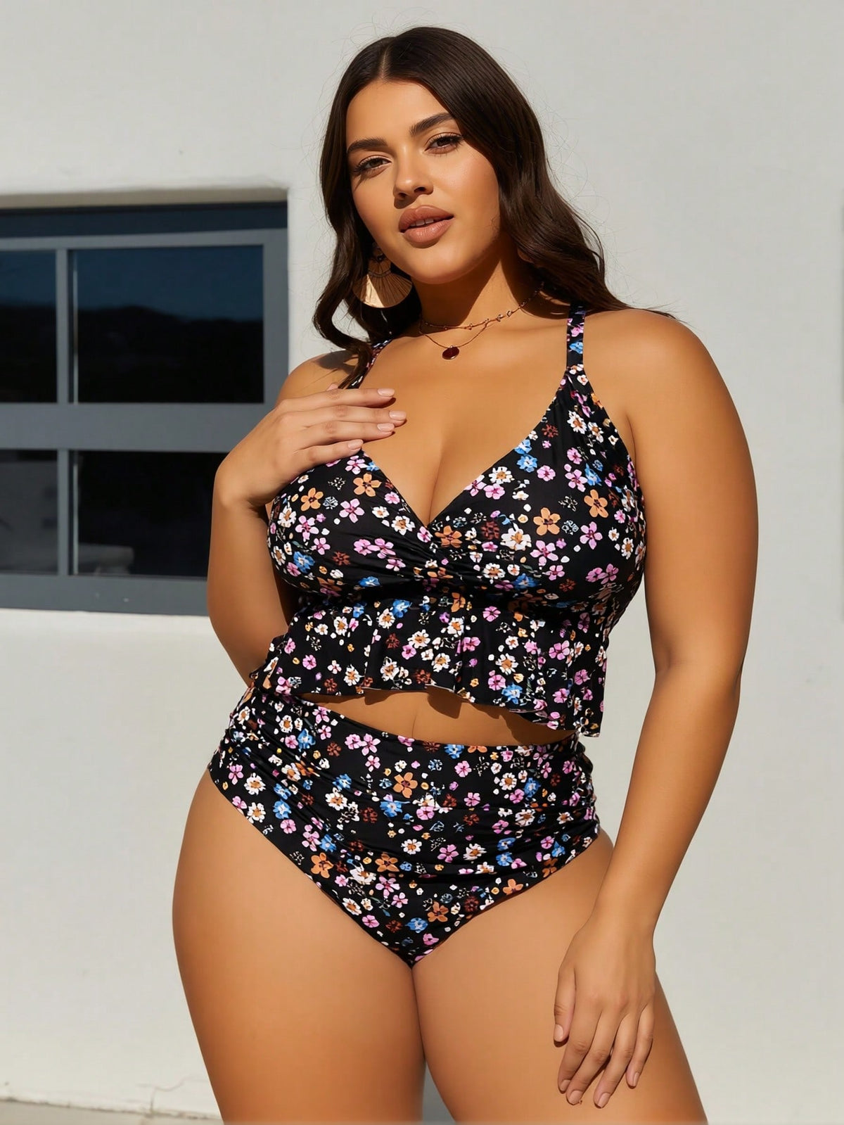 Plus Size Black Ditsy Floral Ruffle Hem High Waist Bikini Set