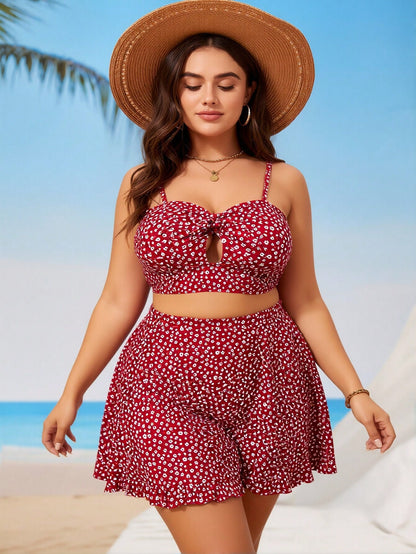 New Red Floral Print Bikini, Plus Size High Waist Skirted Two Piece Vacation Swimsuit