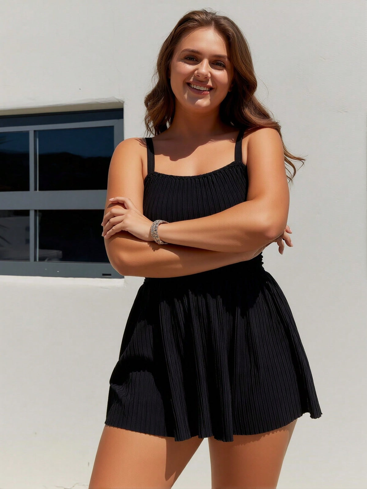 Plus Size Black Ribbed Square Neck Flared Skirt Swim Dress Swimsuits For Women