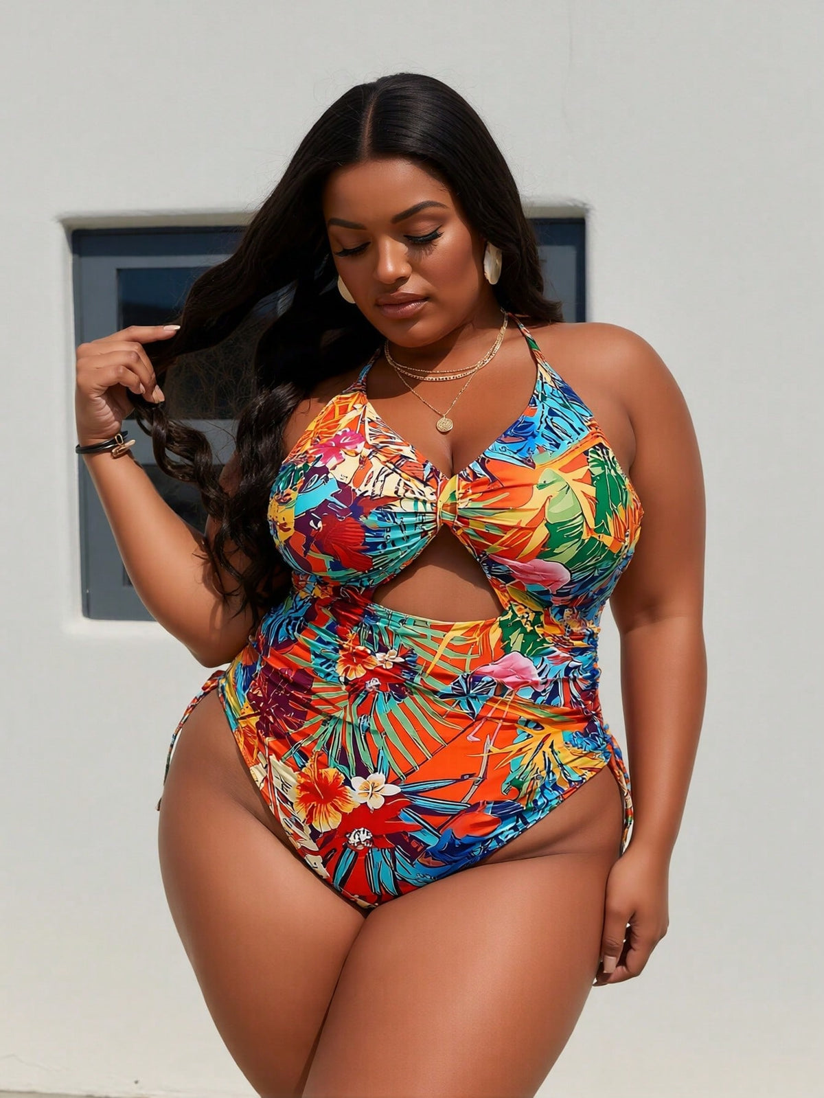 Plus Size Tropical Floral Print Halter Cutout Side Tie One Piece Swimsuits