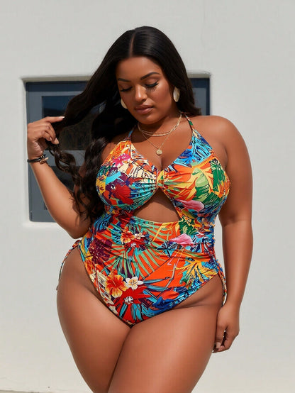 Plus Size Tropical Floral Print Halter Cutout Side Tie One Piece Swimsuits