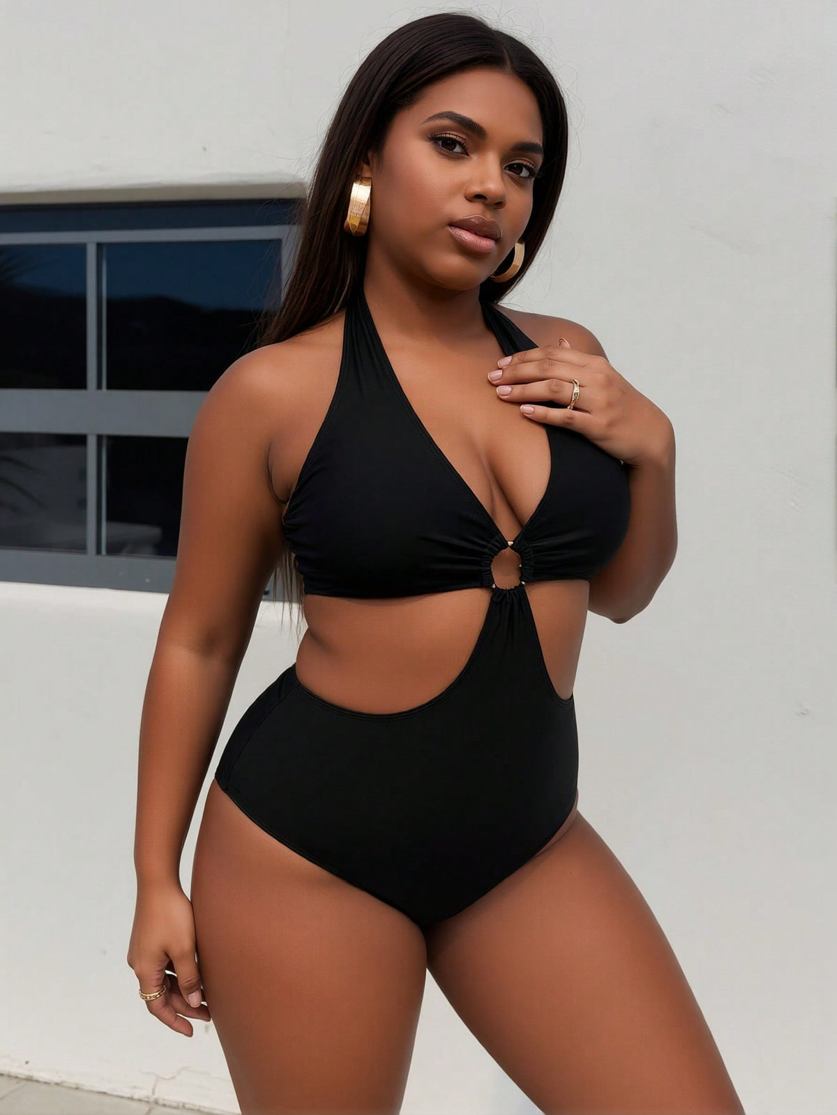Plus Size Black Halter Cutout O-Ring One Piece Swimsuits For Women