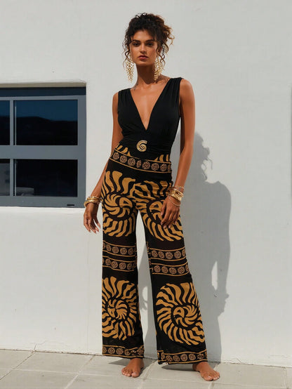 New  Sleeveless Jumpsuit, Deep V Neck & Metal Buckle & Retro Print Wide Leg Pants, Vacation Casual Women's Outfit
