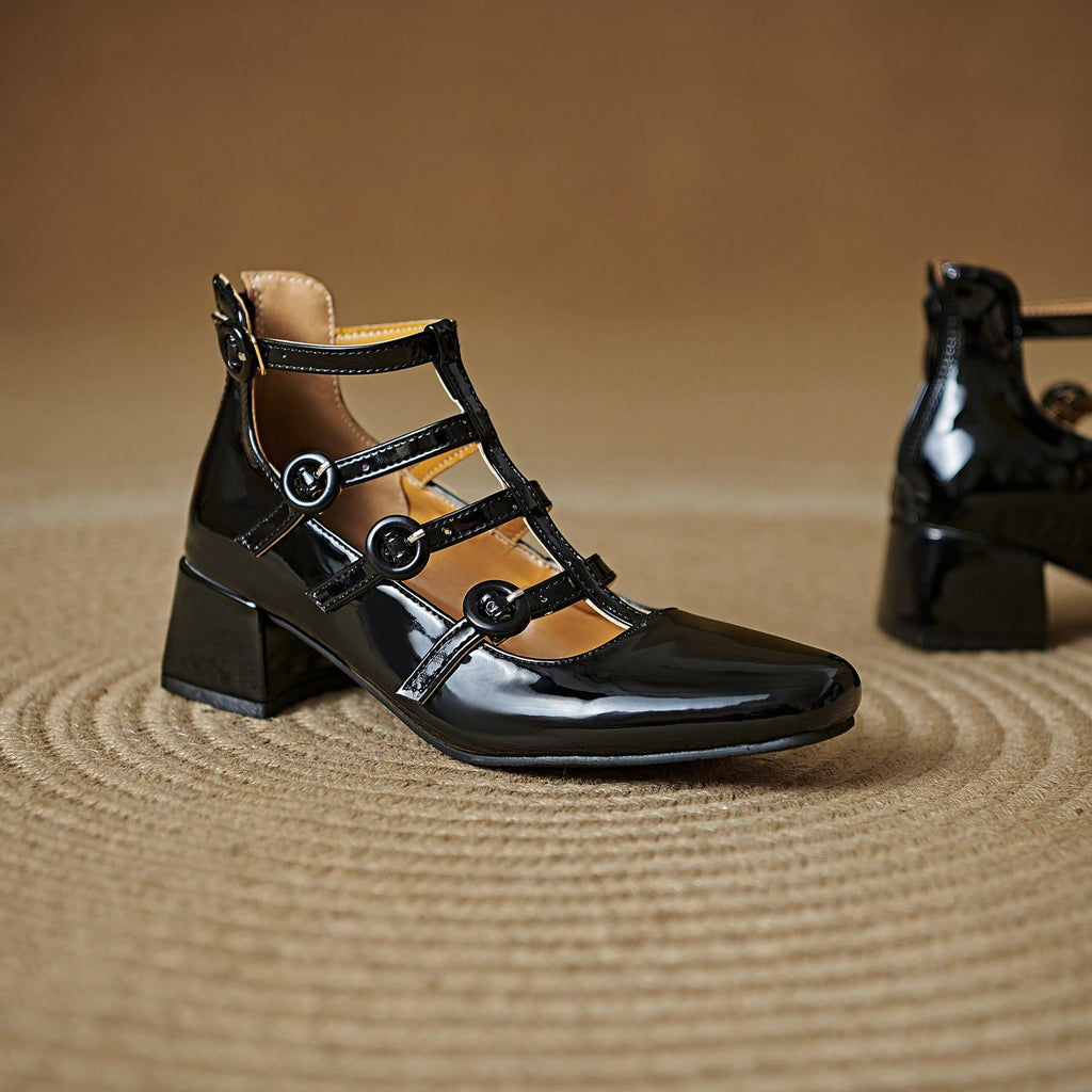 Dress Shoes Patent Mary Jane Low Heel Shoes Strappy Metallic Goth Heels