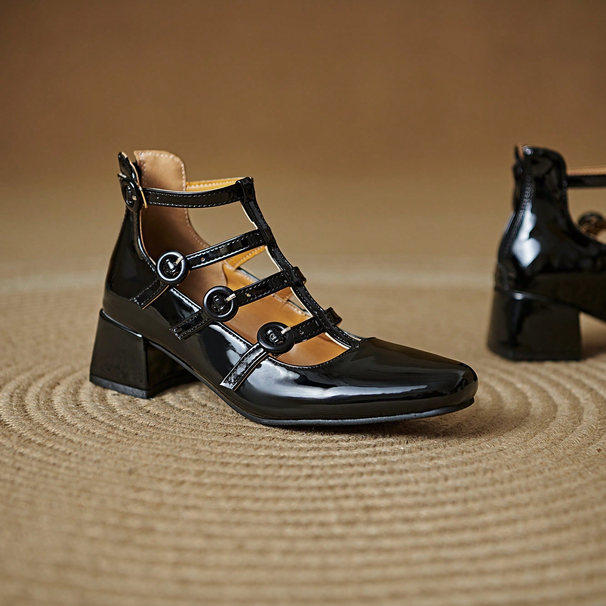 Dress Shoes Patent Mary Jane Low Heel Shoes Strappy Metallic Goth Heels