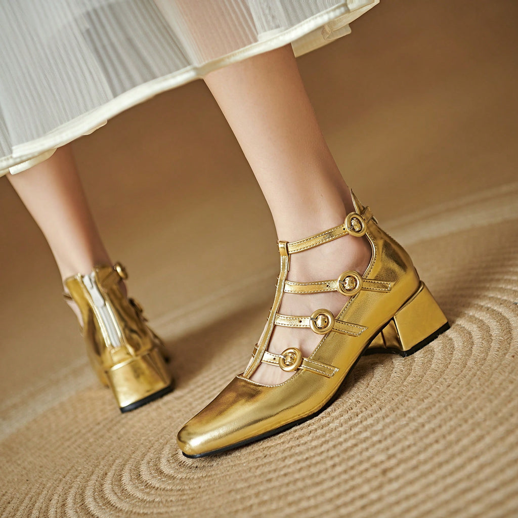 Dress Shoes Patent Mary Jane Low Heel Shoes Strappy Metallic Goth Heels