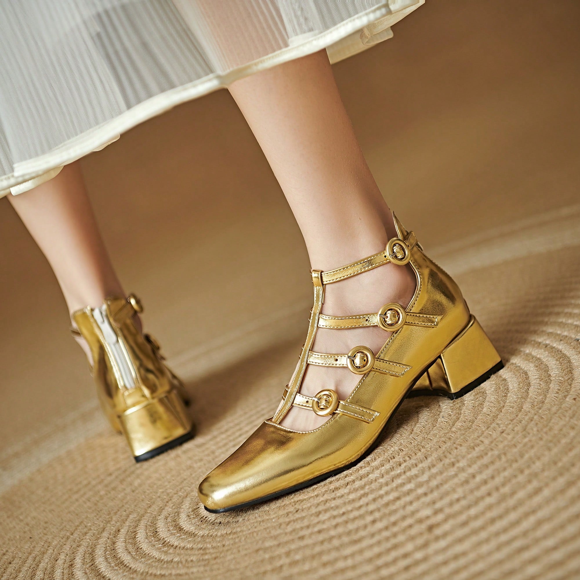 Dress Shoes Patent Mary Jane Low Heel Shoes Strappy Metallic Goth Heels