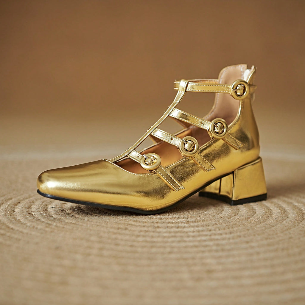 Dress Shoes Patent Mary Jane Low Heel Shoes Strappy Metallic Goth Heels