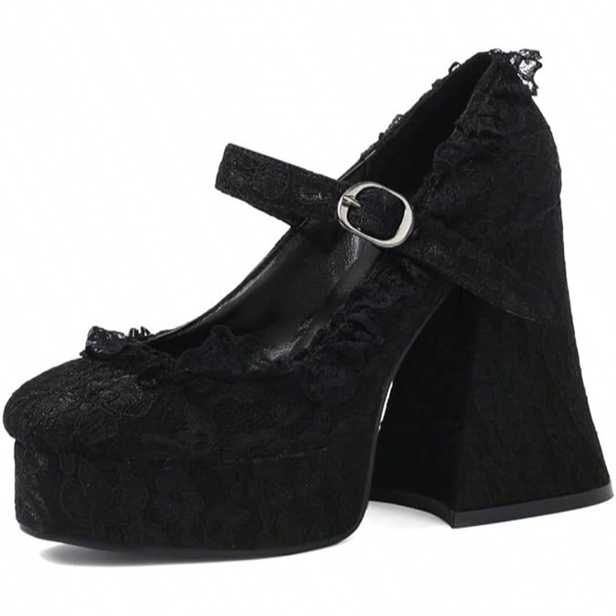 Womens Lace Flower Heels Goth Platform Shoes Chunky High Heel Mary Janes Gothic Shoe  Buckle  Rhinestone    Office